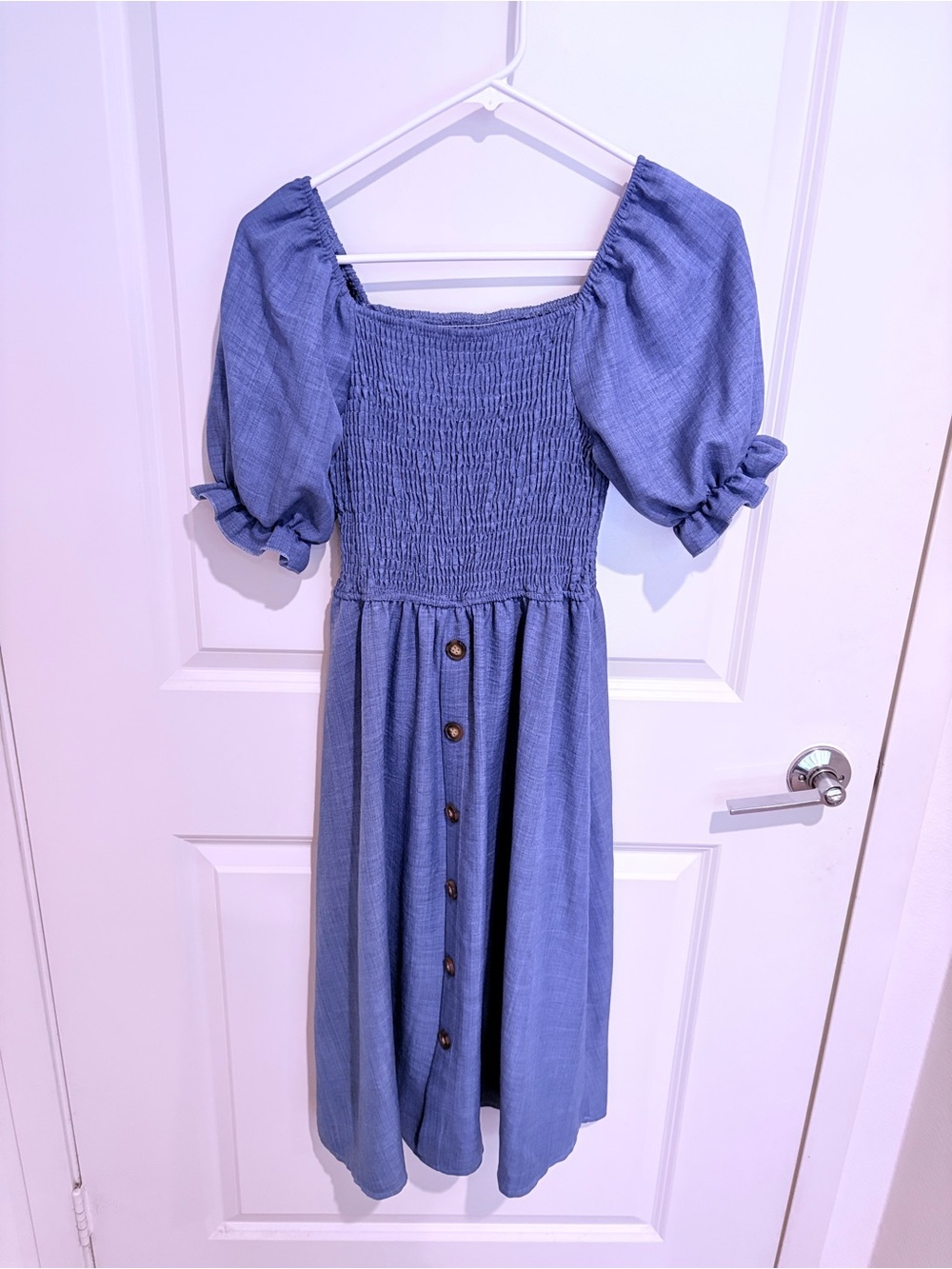 Blue Puff-Sleeve Smocked Midi Dress